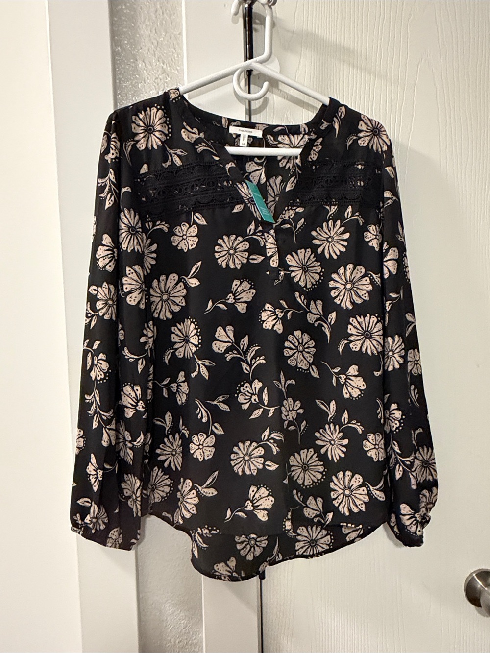 Maurices Black Floral Blouse with Cream Print